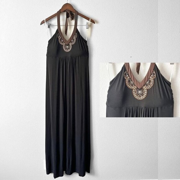 NWT Tommy Bahama Beaded Halter Boho Maxi Dress Black Brown Women's Size Large - Picture 8 of 8